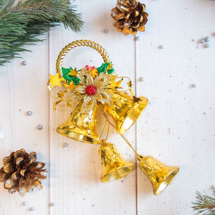 фото Украшение новогоднее "колокольчики на кольце с цветком" 9х22 см, золото зимнее волшебство