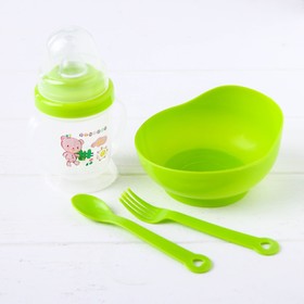 Набор детской посуды, 4 предмета: миска 300 мл, бутылочка для кормления 180 мл, ложка, вилка, цвета МИКС