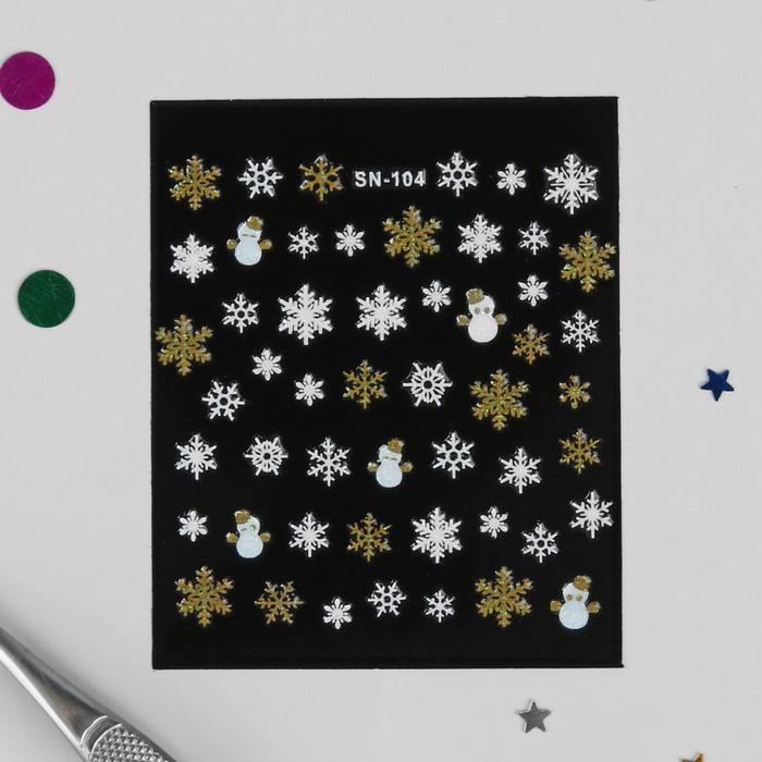 Наклейки для ногтей "Снеговики со снежинками", цвет бело-золотой