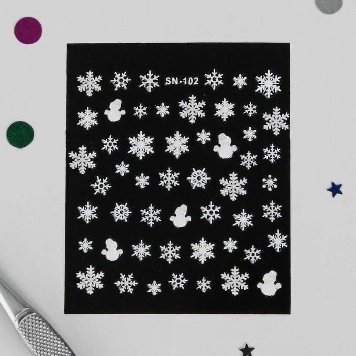 Наклейки для ногтей "Снеговики со снежинками", цвет белый