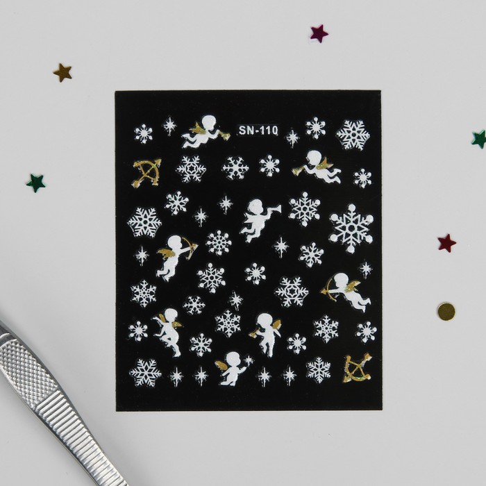 Наклейки для ногтей "Ангелочки со снежинками", цвет бело-золотой