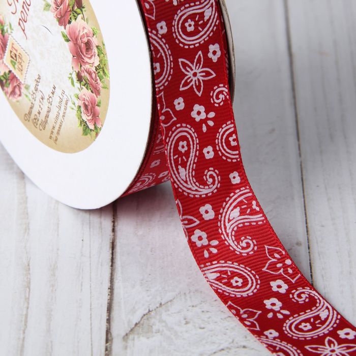 Лента репсовая "Огурцы", 25мм, 22±1м, цвет бордовый