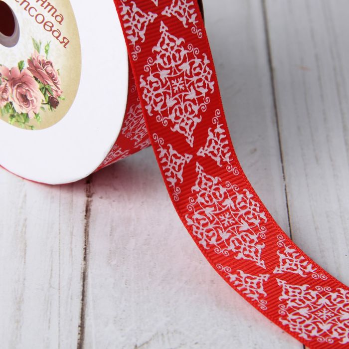 Лента репсовая "Узор", 25мм, 22±1м, цвет красный