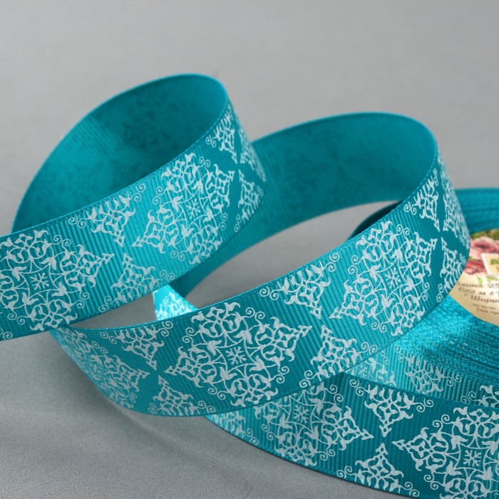 Лента репсовая "Узор", 25мм, 22±1м, цвет бирюзовый