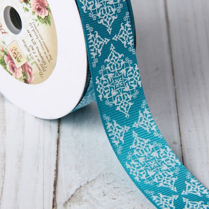 Лента репсовая "Узор", 25мм, 22±1м, цвет бирюзовый