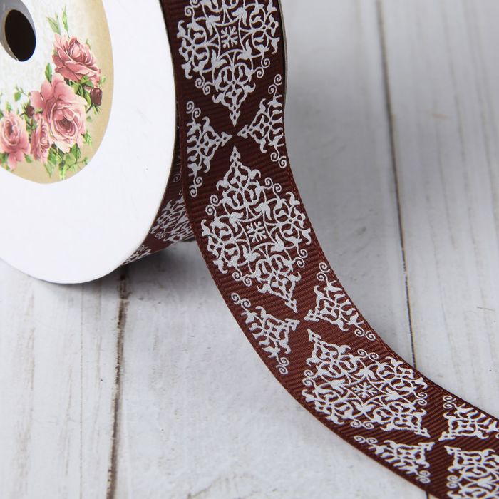 Лента репсовая "Узор", 25мм, 22±1м, цвет коричневый