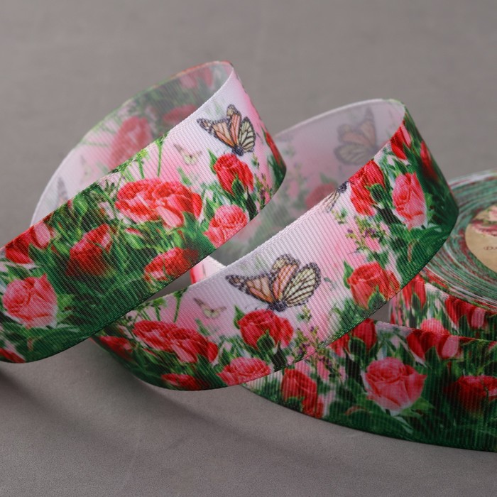 Лента репсовая "Бабочка на розах", 25мм, 18±1м