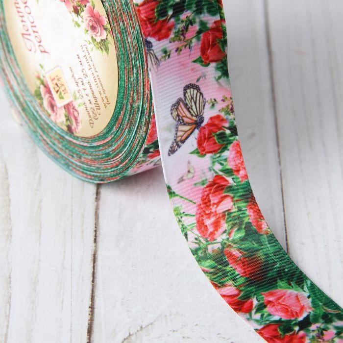 Лента репсовая "Бабочка на розах", 25мм, 18±1м