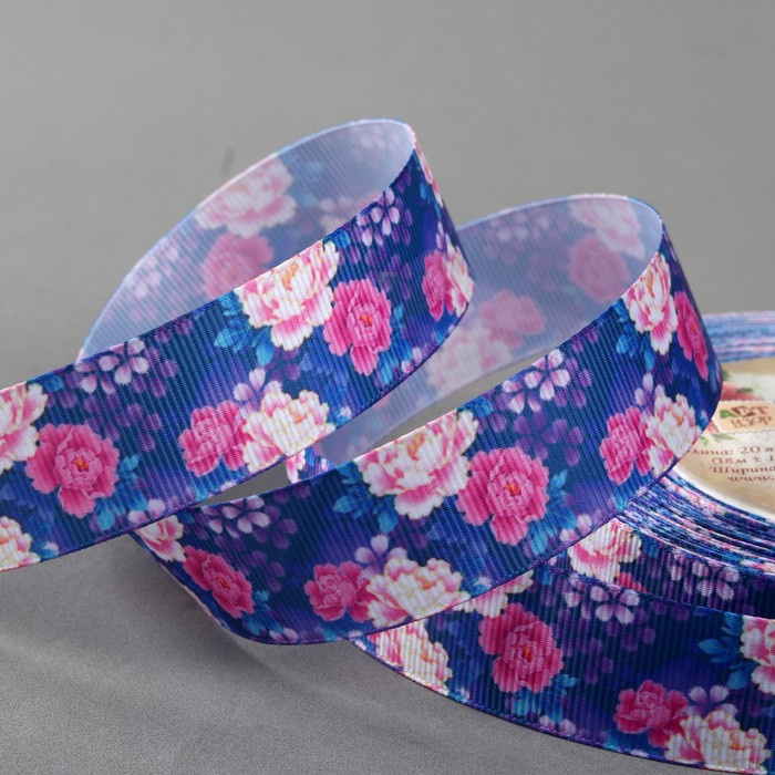 Лента репсовая "Пионы", 25мм, 18±1м, цвет фиолетовый