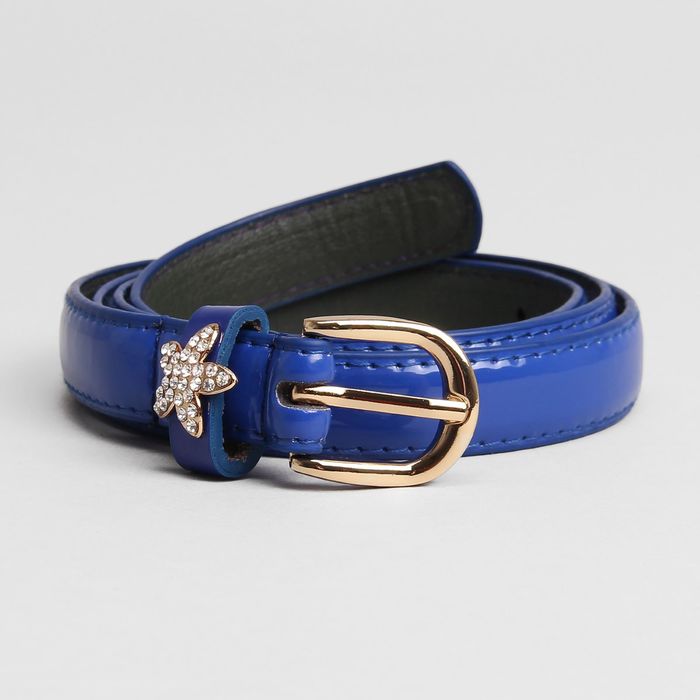 Ремень женский, гладкий, пряжка цветок золото, цвет синий