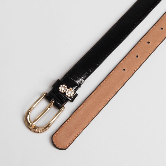 Ремень женский, гладкий, пряжка цветы золото, цвет чёрный