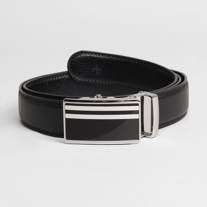 Ремень мужской, пряжка - автомат металл, 4 строчки, ширина - 3,5 см, цвет чёрный