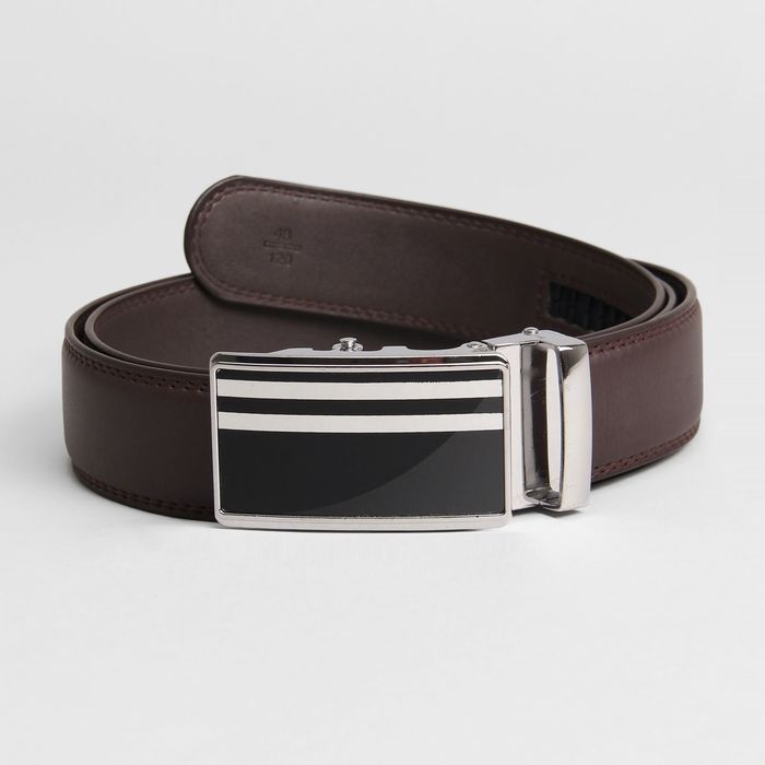 Ремень мужской, пряжка - автомат металл, 4 строчки, ширина - 3,5 см, цвет кофе