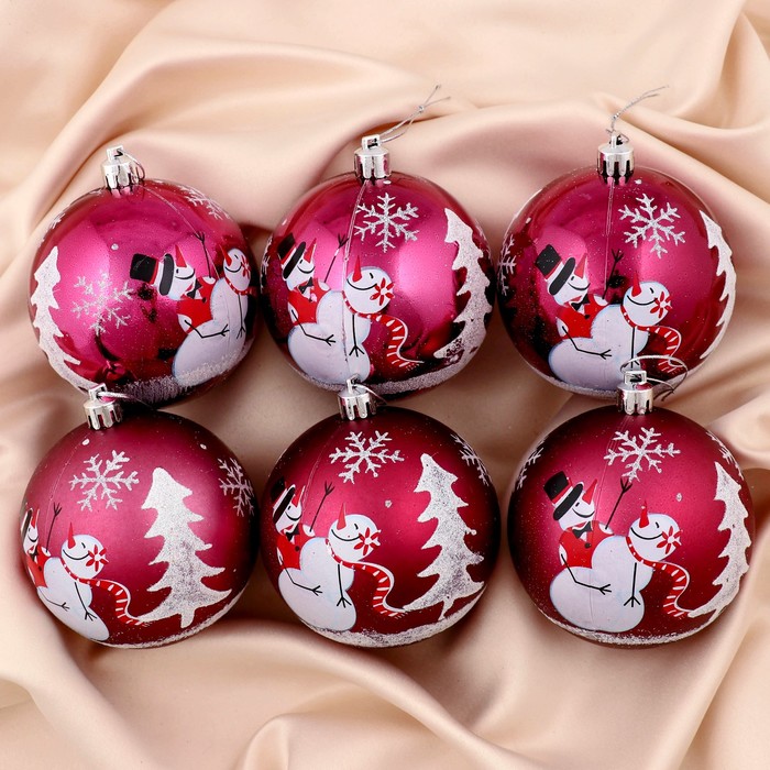 Новогодние шары "Весёлый снеговик" (набор 6 шт.), бордовые