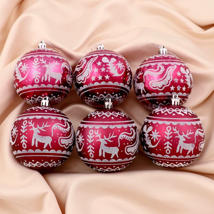 Новогодние шары "Зимний олень" (набор 6 шт.), бордовые