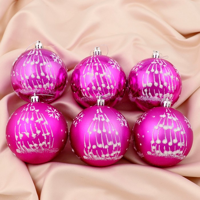 Новогодние шары "Капелька" (набор 6 шт.), ёлочки, малиновые