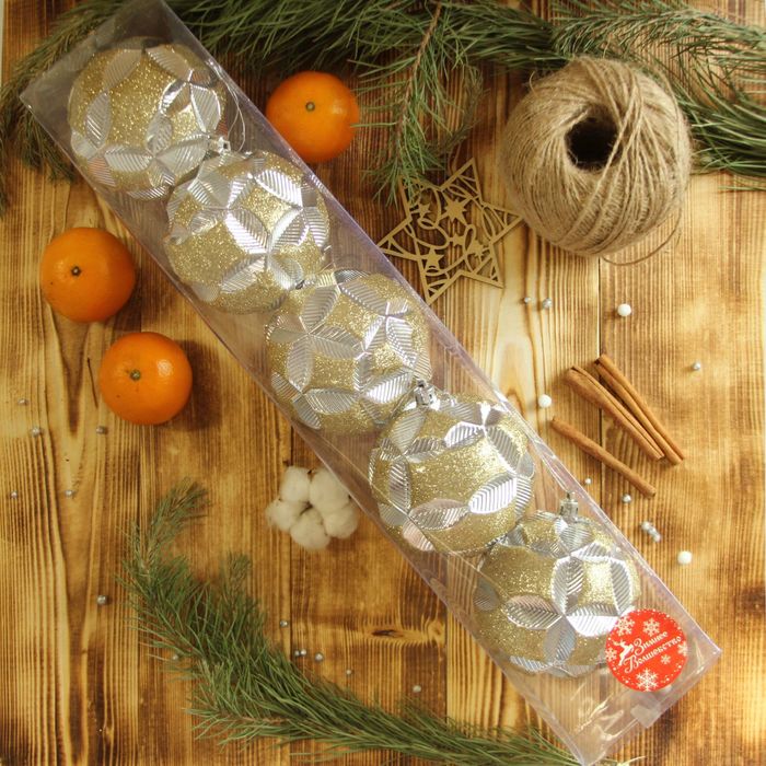 Новогодние шары "Цветочный рельеф" (набор 5 шт.), серебро