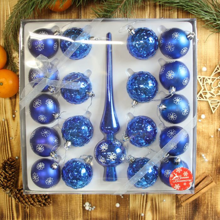 Набор шаров d = 6 см с верхушкой, 19 шт., синий