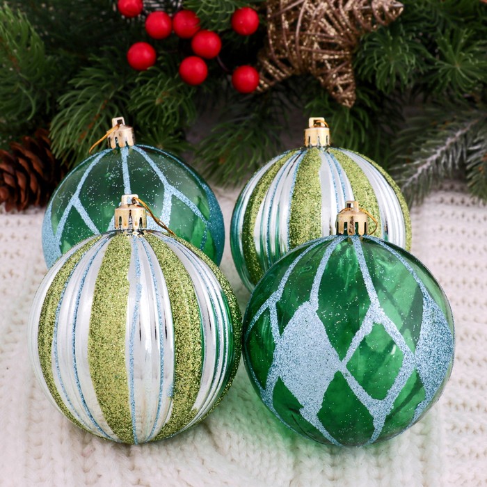 Новогодние шары "Улыбка" (набор 9 шт.), полосы, зелёные