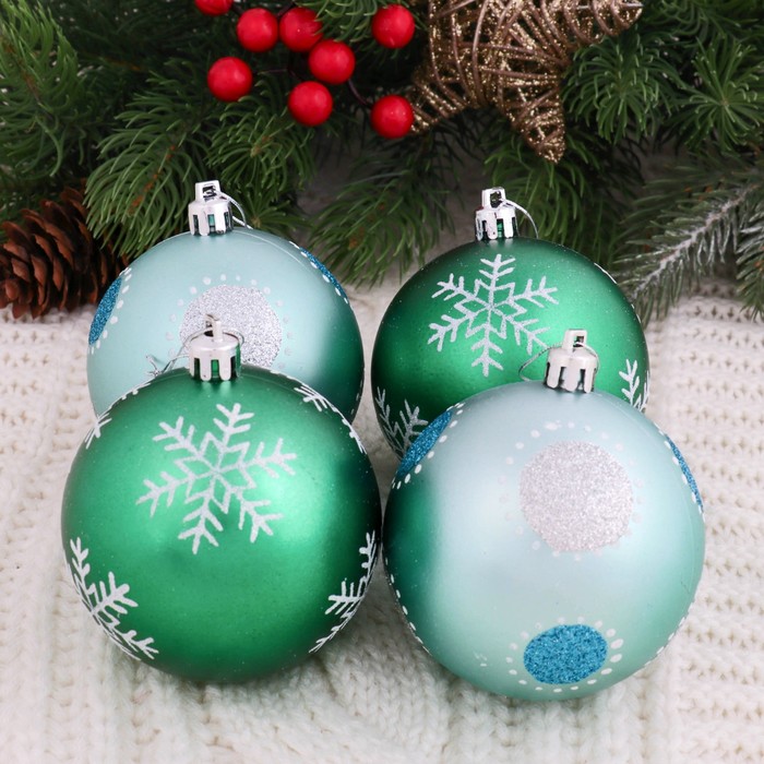 Новогодние шары "Улыбка" (набор 9 шт.), снежинка, зелёные