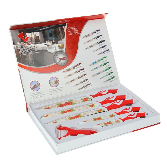 Набор 6 предметов: 5 ножей 9/12/20/20/19,5х4 см, овощечистка "Софи"