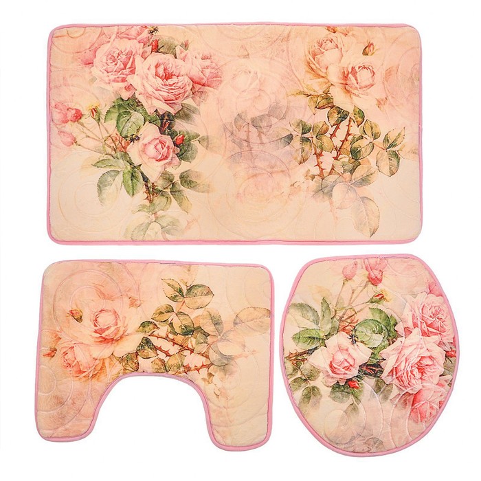 Набор ковриков для ванной и туалета &quot;Роза&quot; 3 шт, цвет розовый