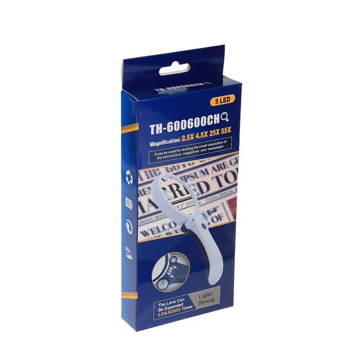 Лупа 2.5х d=8.5х, 25х d=2 см (2 шт.), 55x d=1 см TH-600600CH, ручка изгиб, LED, 11х22 см