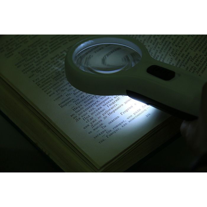 Лупа 10х, d=6 см TH-608, с прямой ручкой, с подсветкой, белая, 8х4х19 см