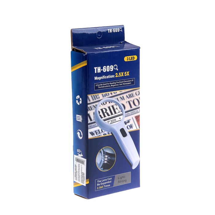 Лупа 4,5x, d=7.5 см TH-609, с прямой ручкой, с подсветкой, белая, 9х3,5х20 см
