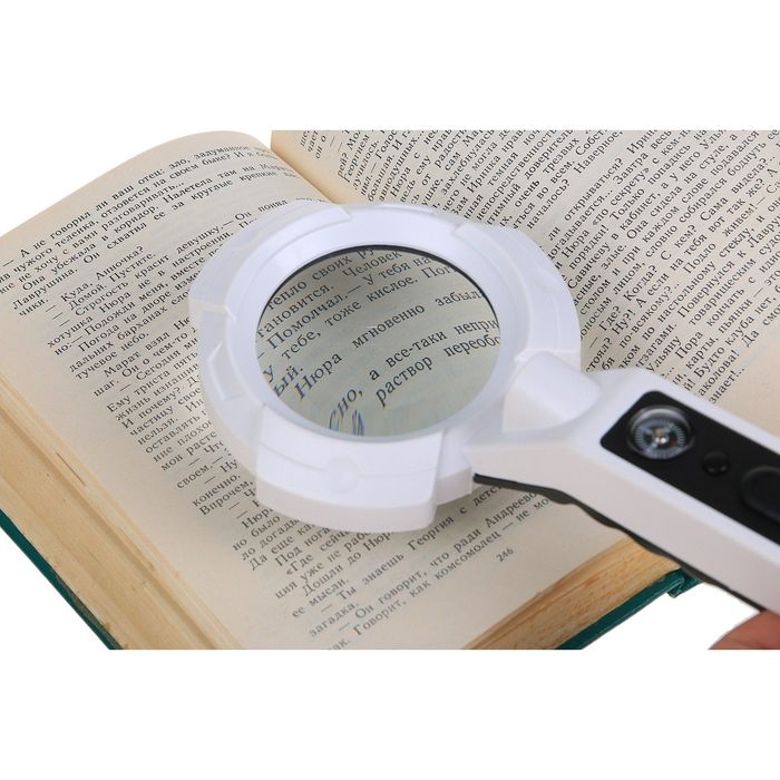 Лупа 6х, d=6 см TH-600557Н, с прямой ручкой, компас, с подсветкой, белая, 10х6х24 см