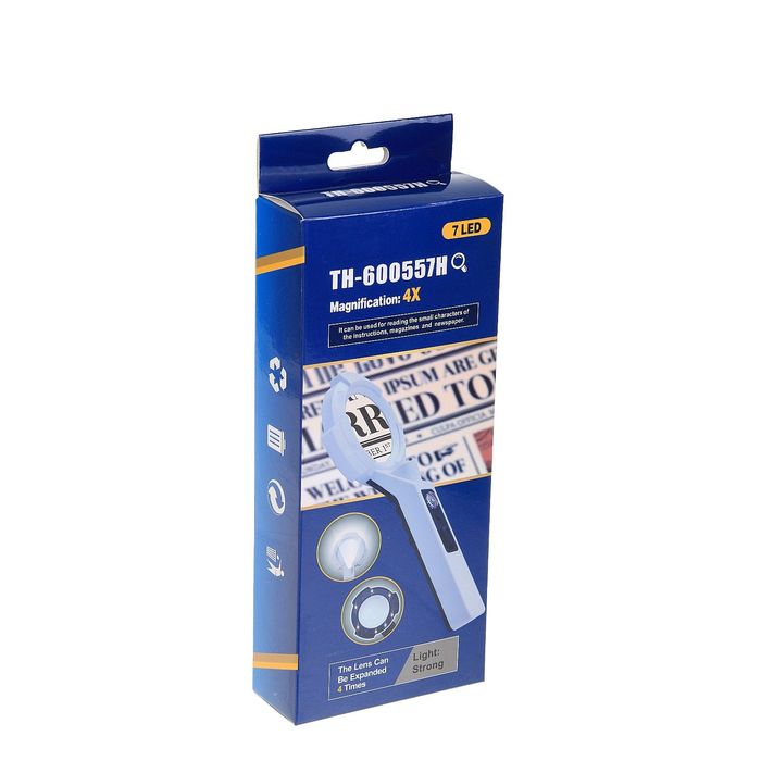 Лупа 6х, d=6 см TH-600557Н, с прямой ручкой, компас, с подсветкой, белая, 10х6х24 см