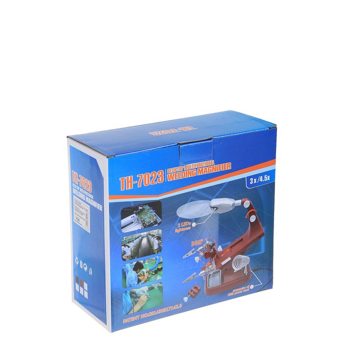 Третья рука для пайки (с зажимом) d=90мм x2,5, d=70мм х10,5 (от 3ААА) подсветка 24*18*15см