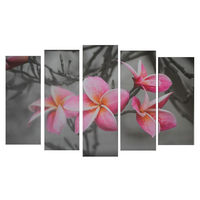 Модульная картина на подрамнике "Розовые цветы на сером фоне", 2 шт. — 21×54, 2 шт. — 21×61, 1 шт. — 21×68 см
