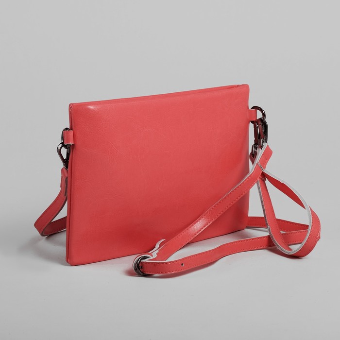 Клатч женский на молнии, 1 отдел с перегородкой, наружный карман, ручка, длинный ремень, цвет коралловый
