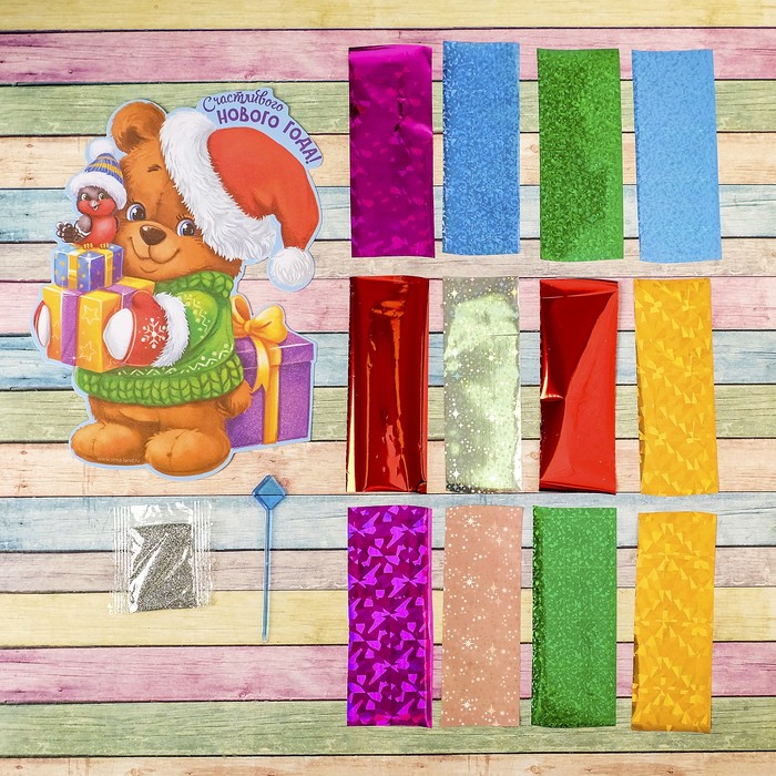 Фреска цветной фольгой "Счастливого Нового года!" Мишка+ стека, блестки 2 гр
