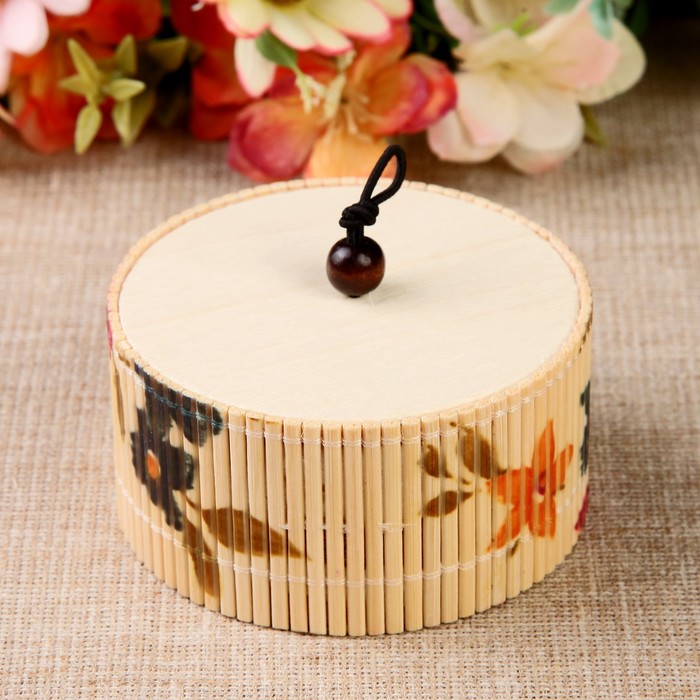 Шкатулка соломка круг "Цветы" 4х8х8 см