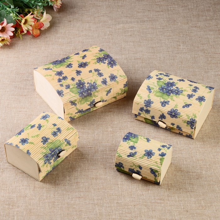Шкатулка соломка набор 4 шт "Незабудки" 6,5х14х11,5 5,5х10х7,5 4,5х8х5,5 4х4,5х6 см