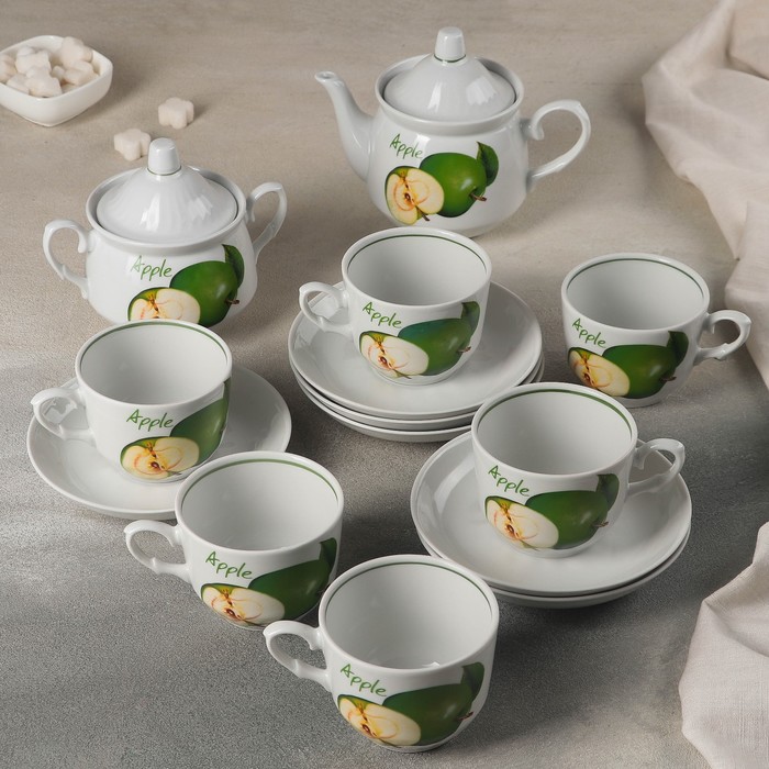Сервиз чайный "Кирмаш. Зеленое яблоко", 14 предметов: чайник 550 мл, сахарница 450 мл, 6 чашек чайных 250 мл, 6 блюдец 15 см