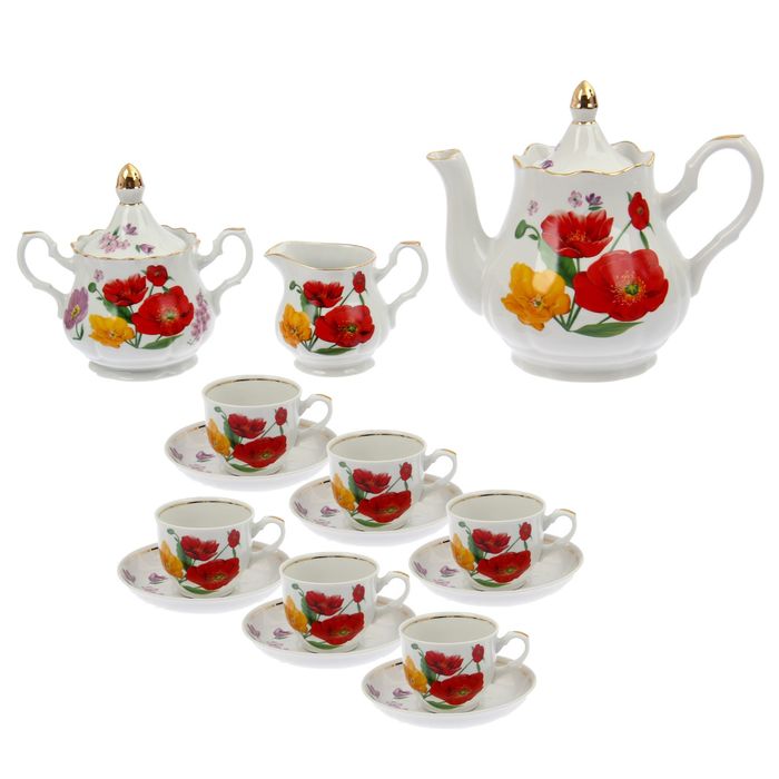 Сервиз чайный "Романс. Полевые маки", 27 предметов: чайник 1,75 л, сахарница 550 мл, сливочник чайный 350 мл, 12 чашек чайных 250 мл, 12 блюдец 15 см