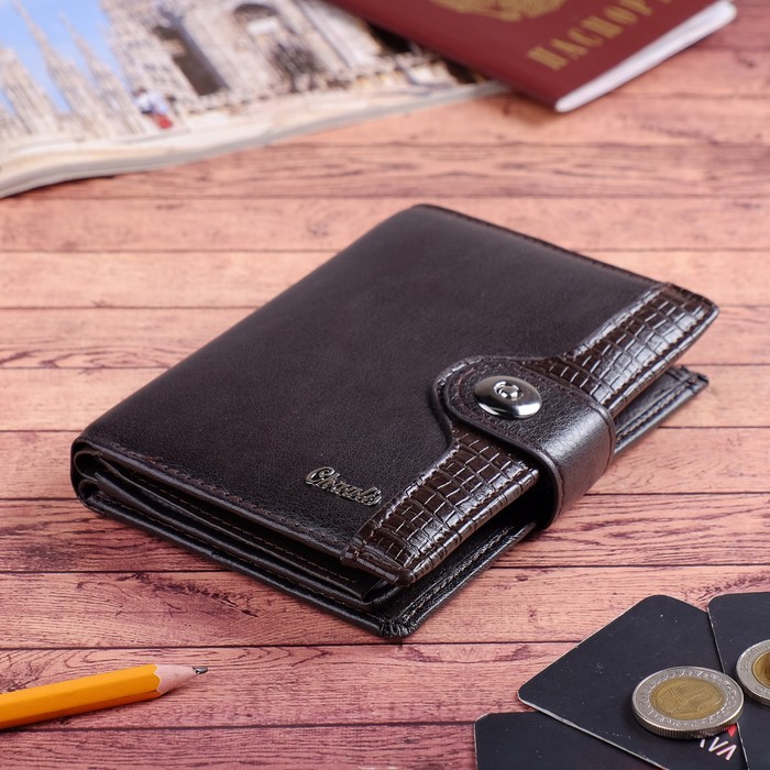 Портмоне мужское 3 в 1, для паспорта, для автодокументов, 2 отдела, для монет, для карт, цвет кофе