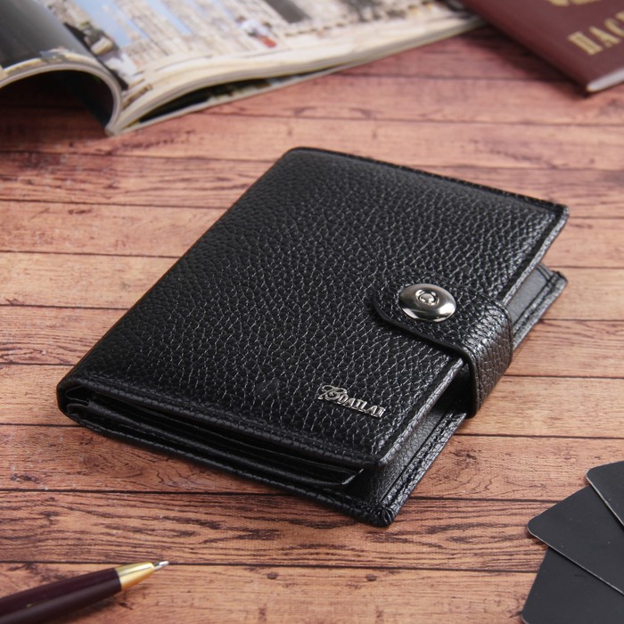 Портмоне мужское 3 в 1, для автодокументов, для паспорта, 2 отдела, для монет, для карт, цвет чёрный