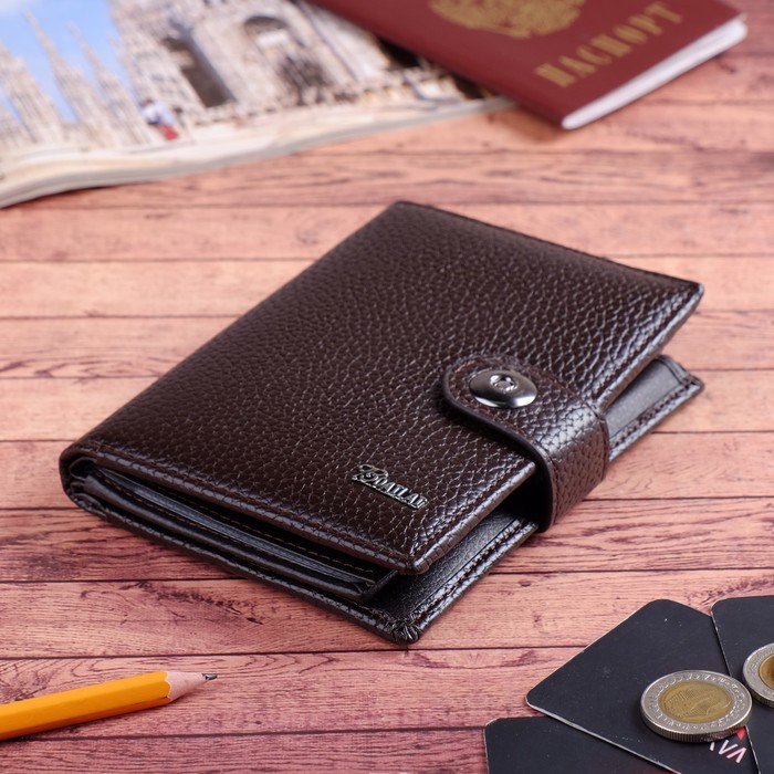Портмоне мужское 3 в 1, для автодокументов, для паспорта, 2 отдела, для монет, для карт, цвет кофе