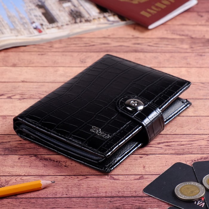 Портмоне мужское 3 в 1, для автодокументов, для паспорта, 2 отдела, для монет, для карт, цвет чёрный