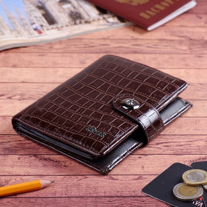 Портмоне мужское 3 в 1, для автодокументов, для паспорта, 2 отдела, для монет, для карт, цвет кофе