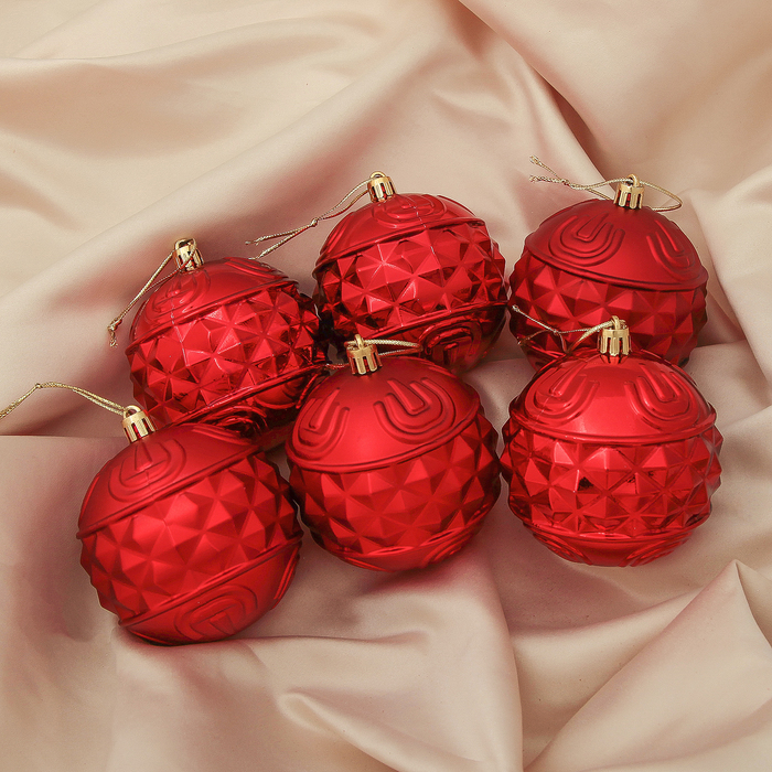Новогодние шары "Пралине" (набор 6 шт.), резьба, красные