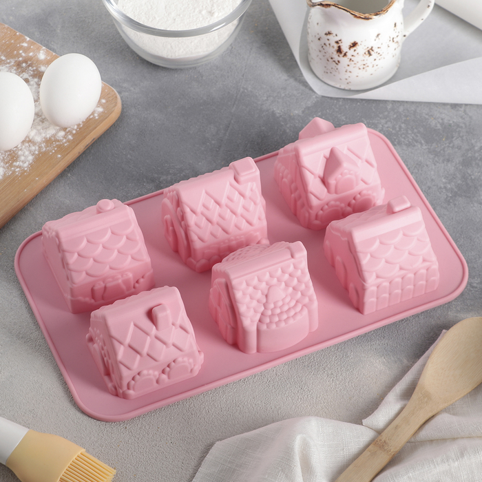 Форма для выпечки, 6 ячеек 29х17 см "Домик", цвета МИКС