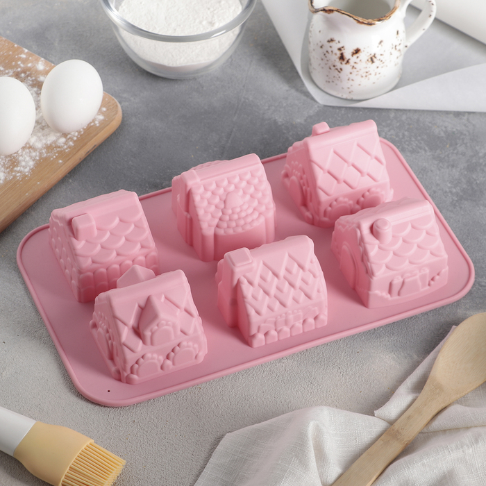 Форма для выпечки, 6 ячеек 29х17 см "Домик", цвета МИКС