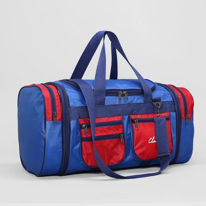 Сумка спортивная, отдел на молнии, 5 наружных карманов, длинный ремень, цвет синий/красный