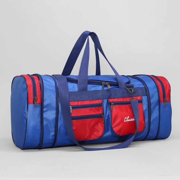 Сумка спортивная, отдел на молнии, 5 наружных карманов, длинный ремень, цвет синий/красный