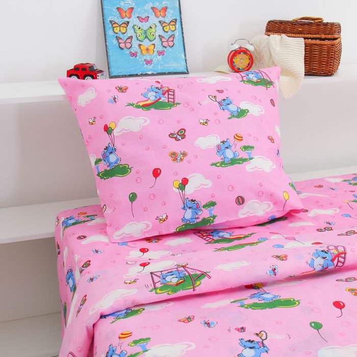 Постельное бельё "Экономь и Я" 1,5 сп. Розовые Слоники 145х210 ± 5 см, 150х210 ± 5 см, 50х70 ± 5 см, бязь 120 гр/м²